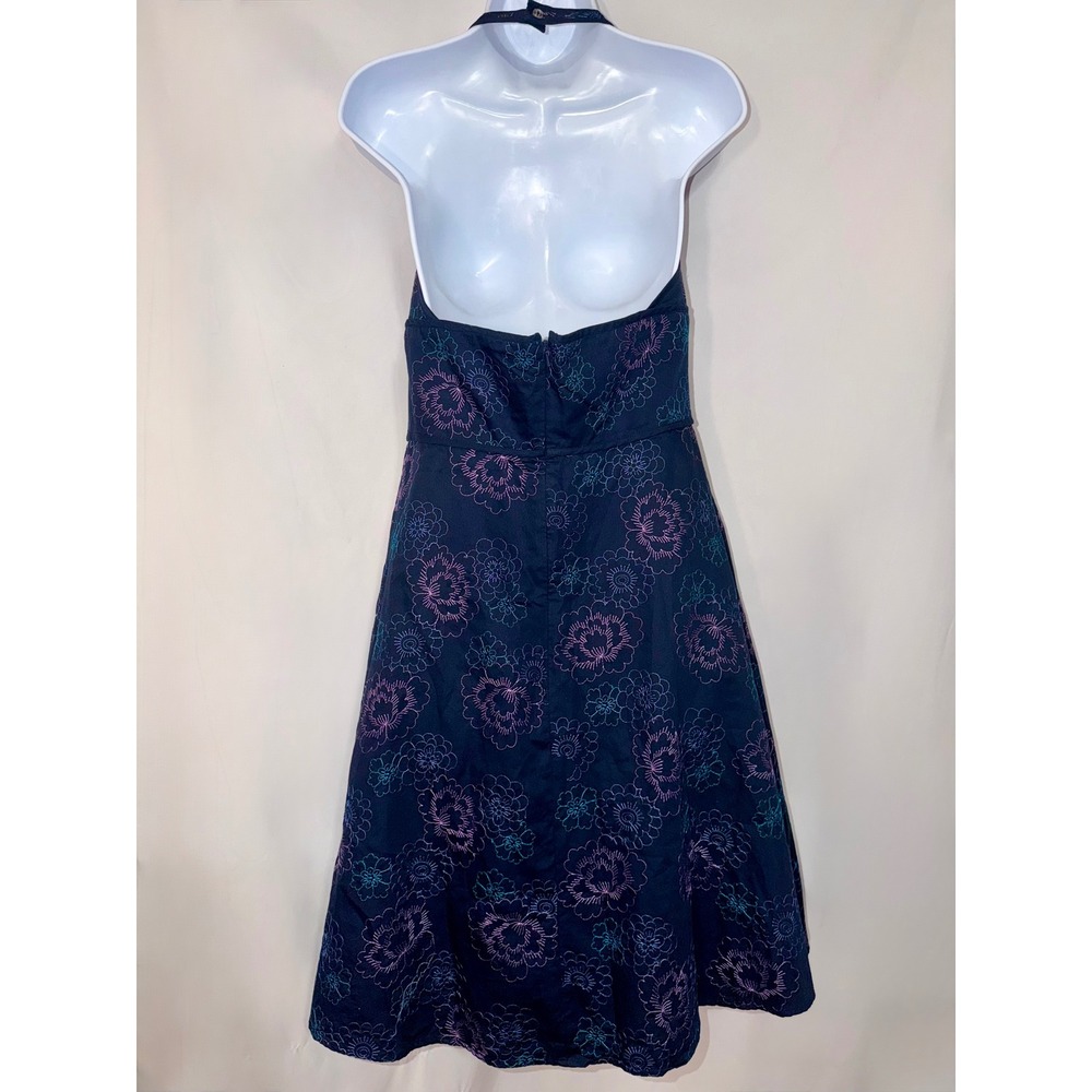 Amanda Smith Petite Vintage Y2K Navy Floral Embroidered Halter Dress 10P Cotton - Picture 3 of 8
